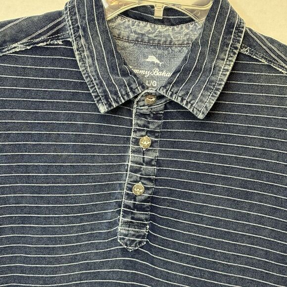 TOMMY BAHAMA Shirt Mens Large Blue Stripe Distressed Denim Look Polo Casual - Picture 3 of 9